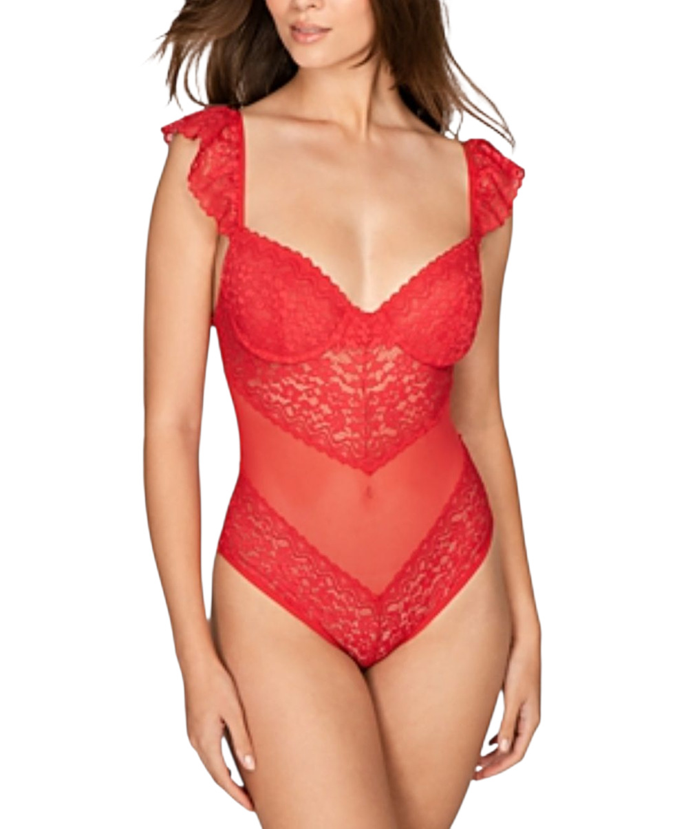 Mucci  Bella Lace Flutter Sleeve Red Bodysuit Underwire V Neck Lingerie Small
